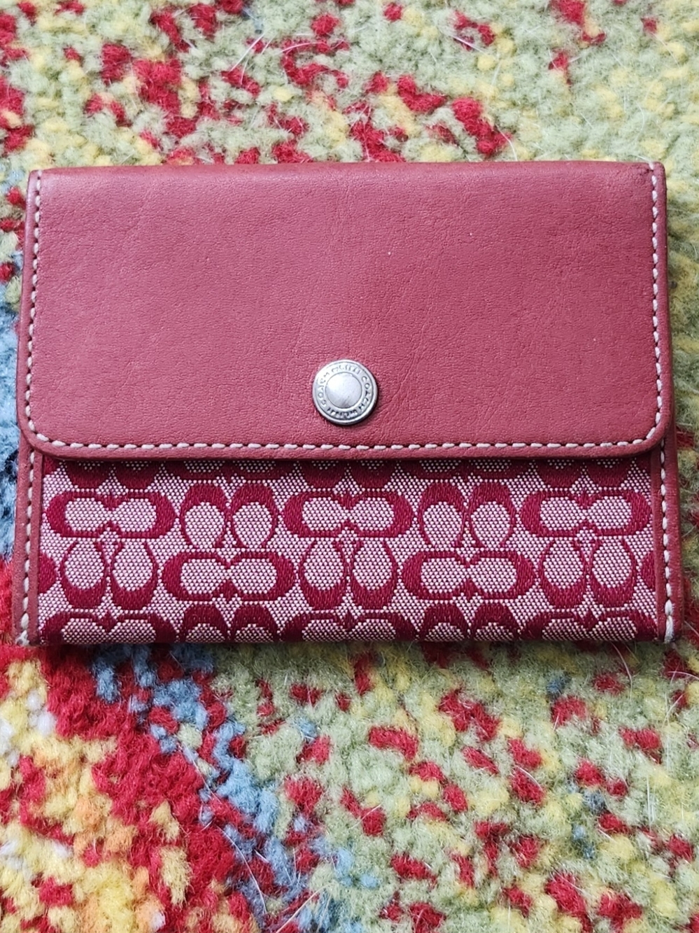 Coach Brick Red Signature Jacquard Compact Wallet / Card Holder
